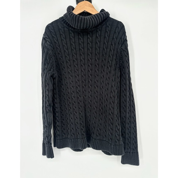 LL Bean Womens Sweater XL Cotton Black Cable Knit Turtleneck Fisherman Classic - Picture 1 of 9